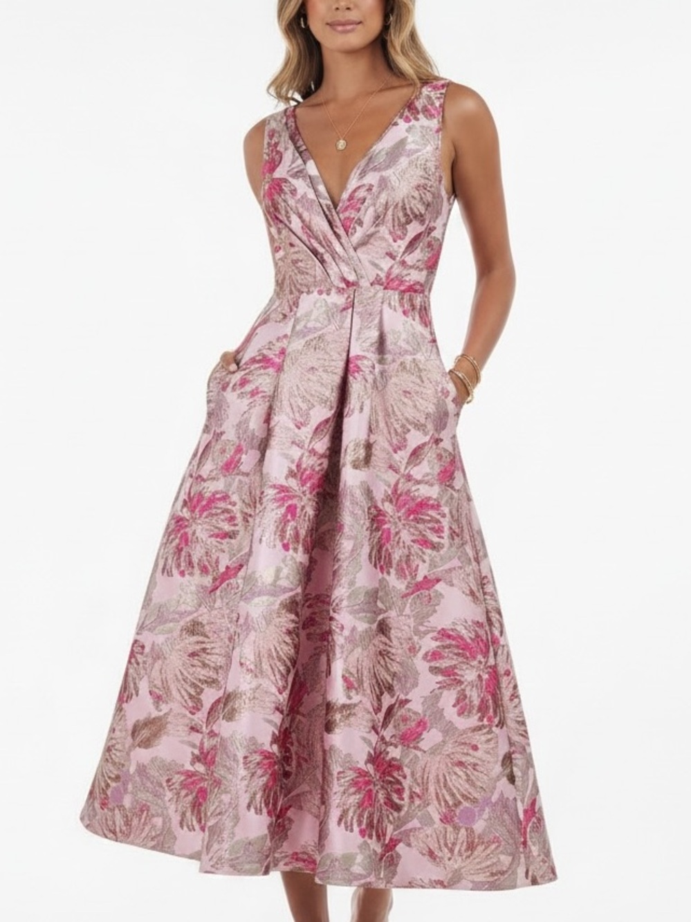 NWT KAY UNGER Poppy Pink Shimmer Sleeveless Fit & Flare Lined Dress Size 6